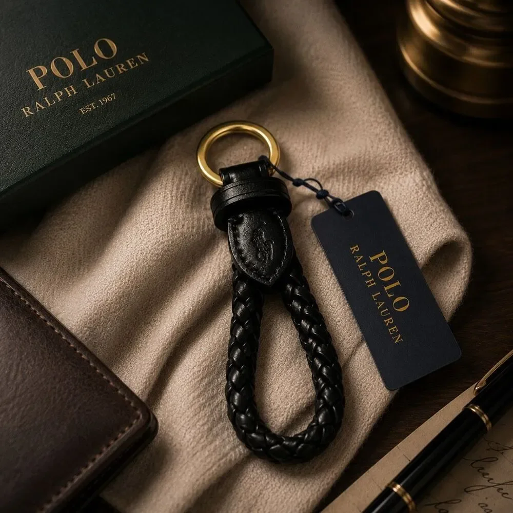 Polo Ralph Lauren Braided Genuine Leather Key Chain Black Brass Ring NWT Pony